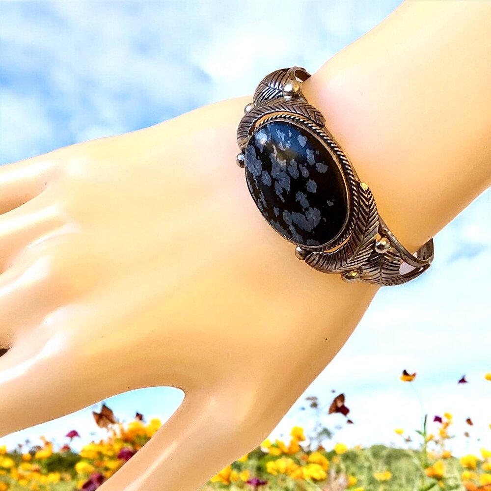 Native American Snowflake Obsidian Sterling Silver Cuff Bracelet Signed L Pina